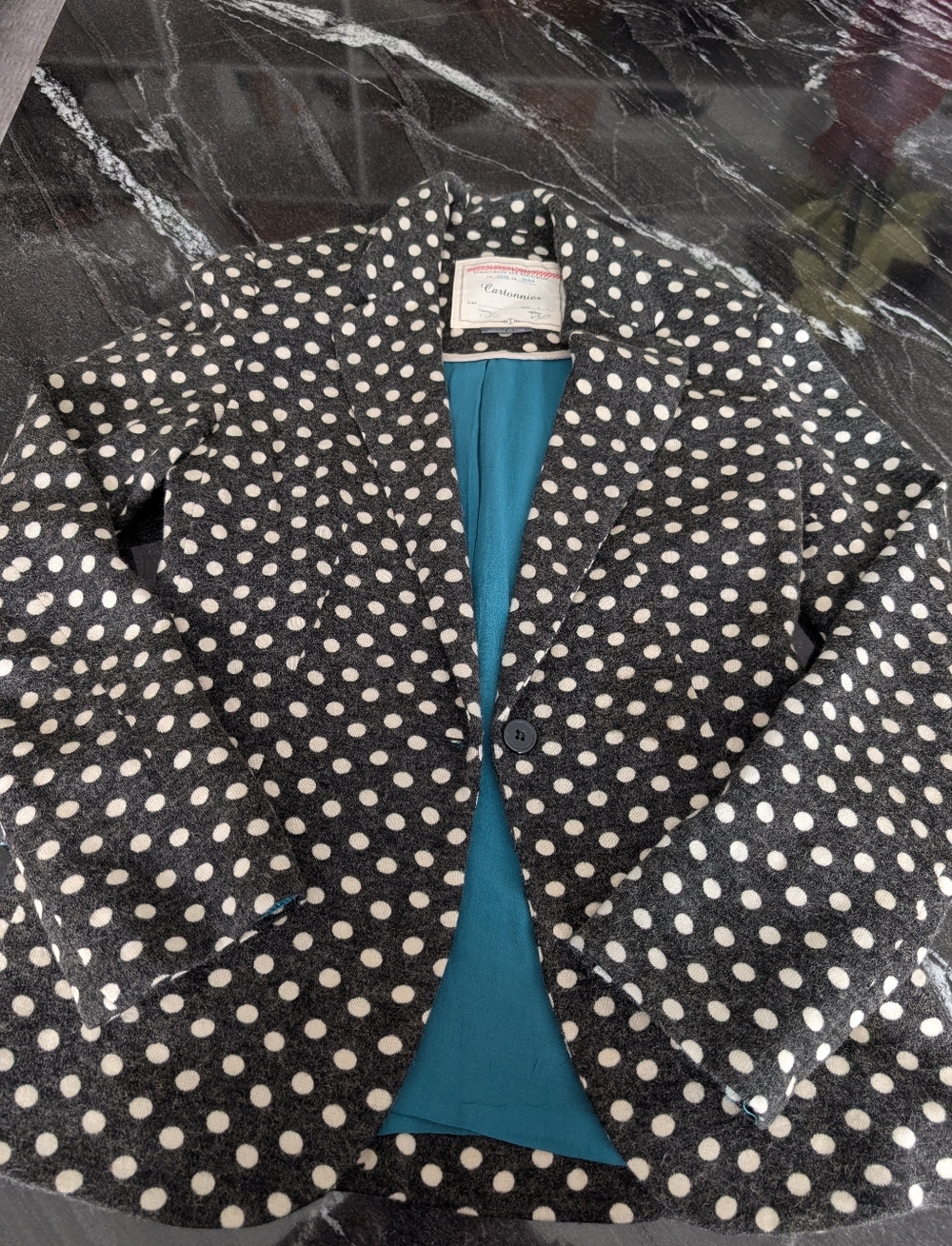 Women's Anthropologie Cartonnier Black and White Polka Dot Single-Button Blazer